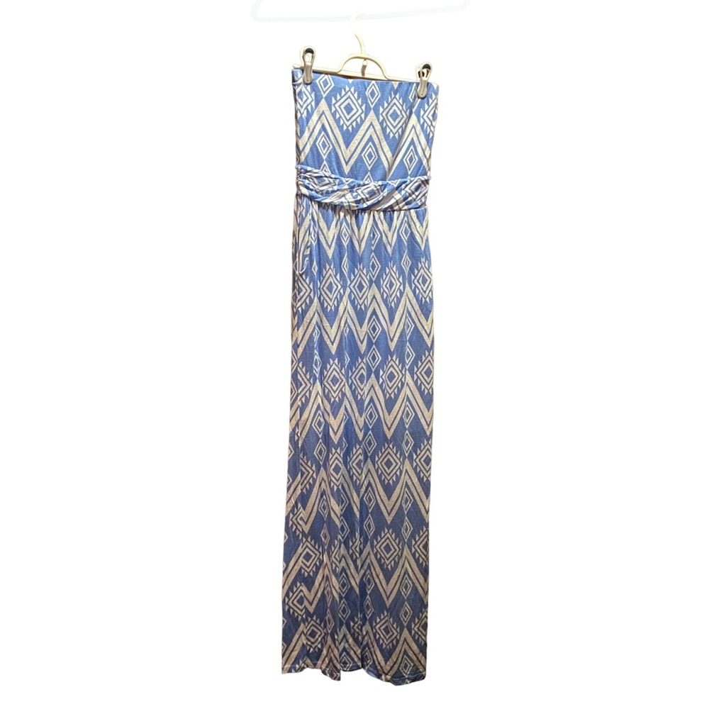 Blue & white strapless geometric print maxi dress Small